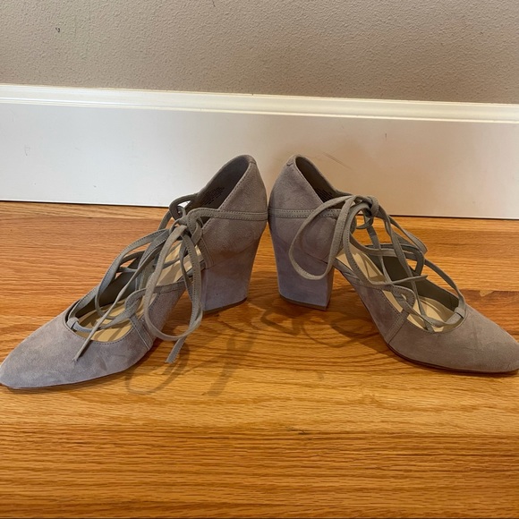 Nine West Lace Up Pump Block Heels d'Orsay Gray Leather Suede-7 - Picture 5 of 9
